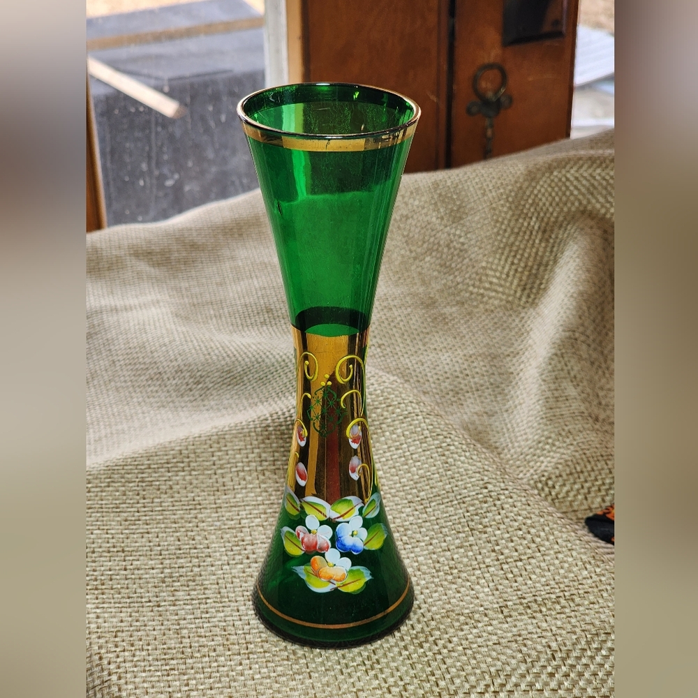 Bohemian Art Glass Green Bud Vase with Enameled Flowers & Gilded Gold B.P. Japan